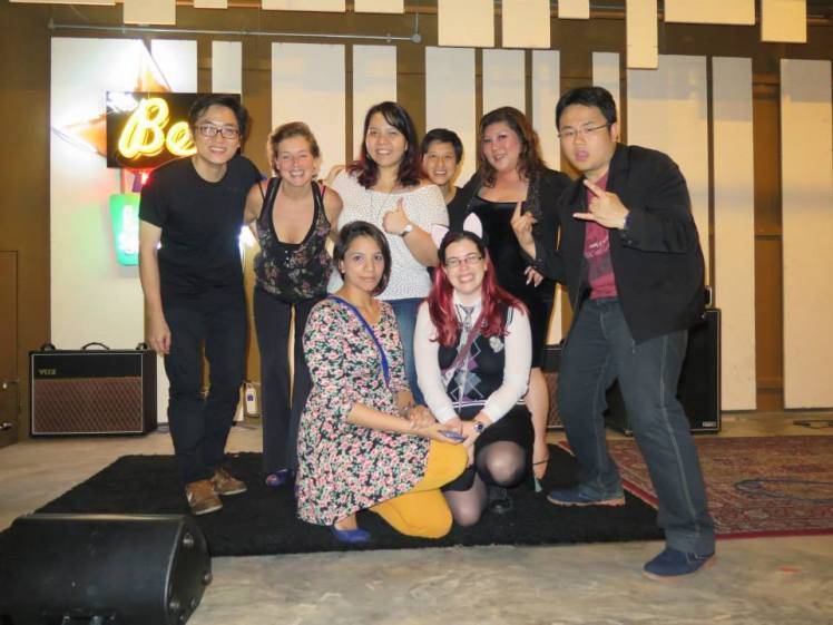 Comedy Kao Kao's all-(but for one open micer and the host)-women lineup, April 2014 L to R (back): Brian Tan, Kristal Zweers (Netherlands), Fiona Reutens, Joanna Sio (Hong Kong), Joanne Kam (Malaysia), Dr Jason Leong L to R (front): Sharul Channa (Singapore), Dominica Malcolm (me)
