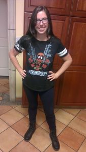 "Girl-next-door" in a Deadpool shirt