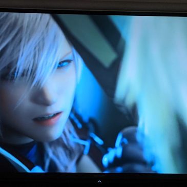 A head shot of the character Lightning from the video game Final Fantasy XIII: Lightning Returns looking at another character with blond hair