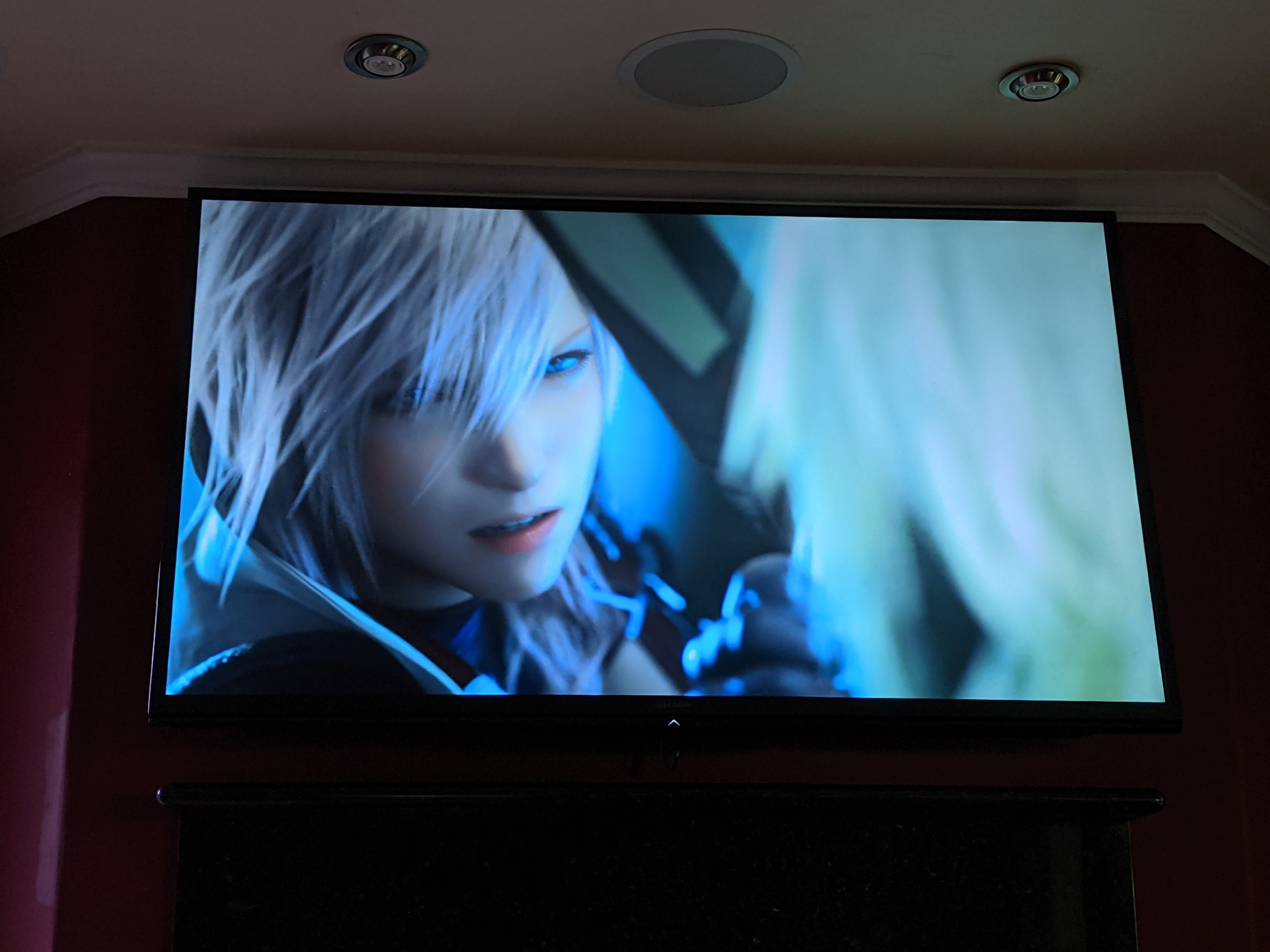 A head shot of the character Lightning from the video game Final Fantasy XIII: Lightning Returns looking at another character with blond hair